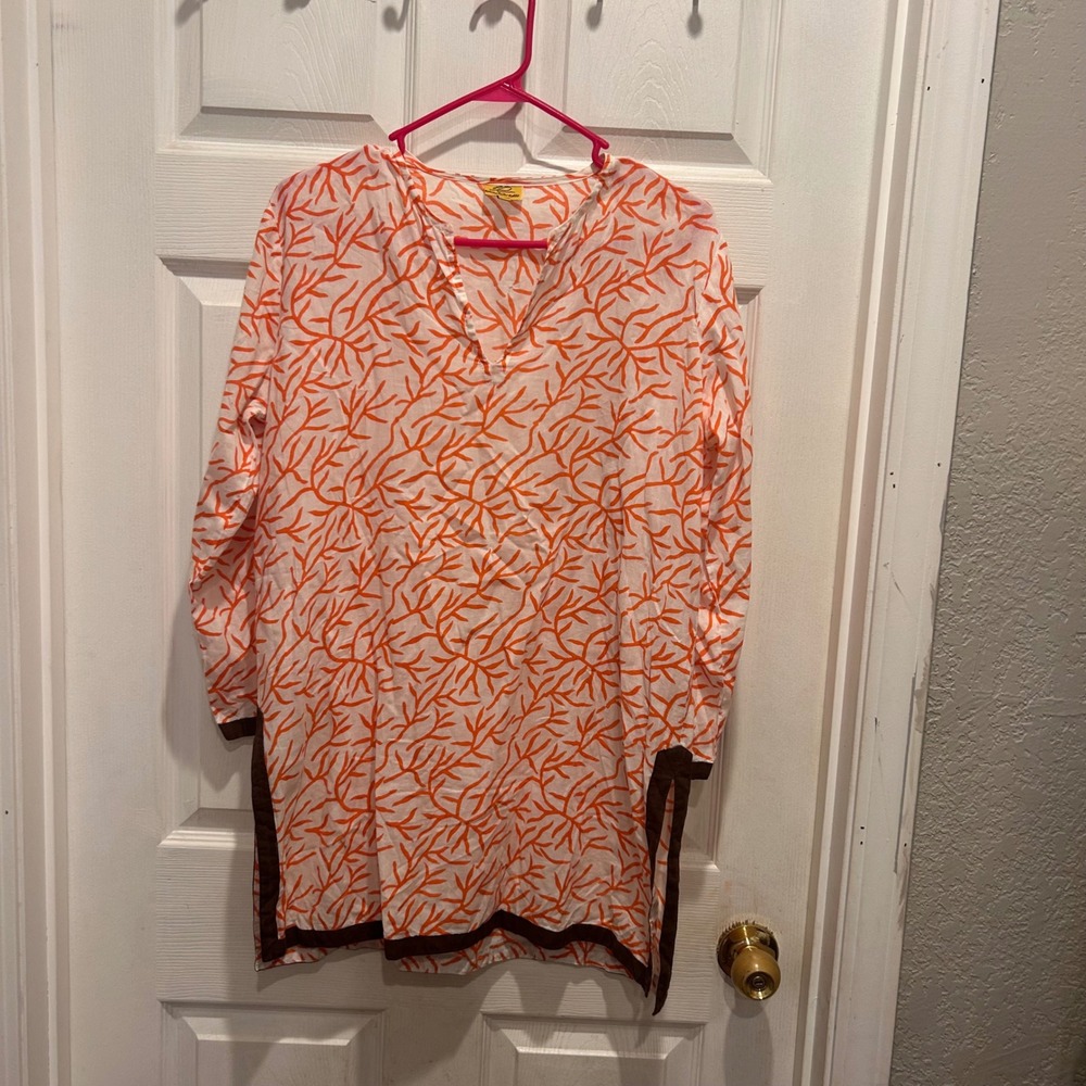 Roberta Roller Rabbit Tunic Top Women's L White‎ Orange Coral Print Cotton